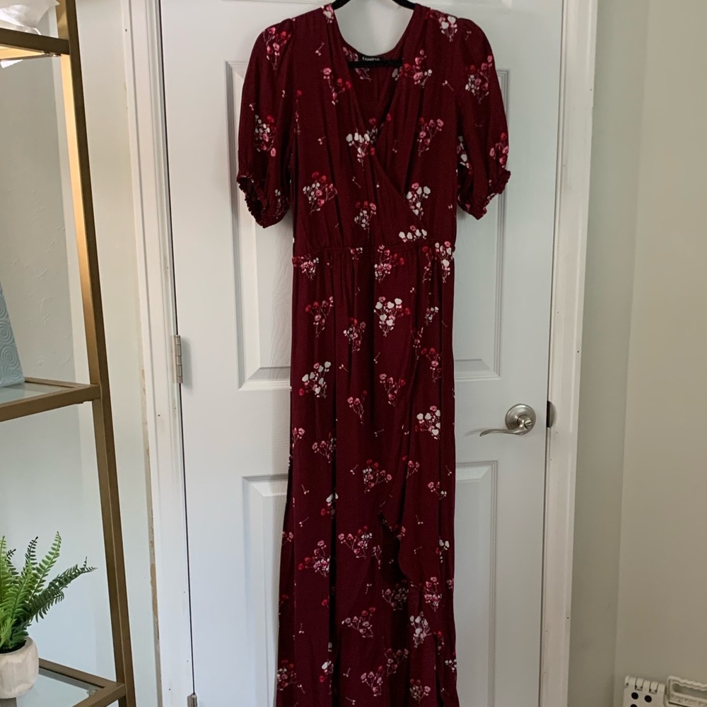 Express Red Short Sleeve Ruffle Flora Wrap Maxi Dress